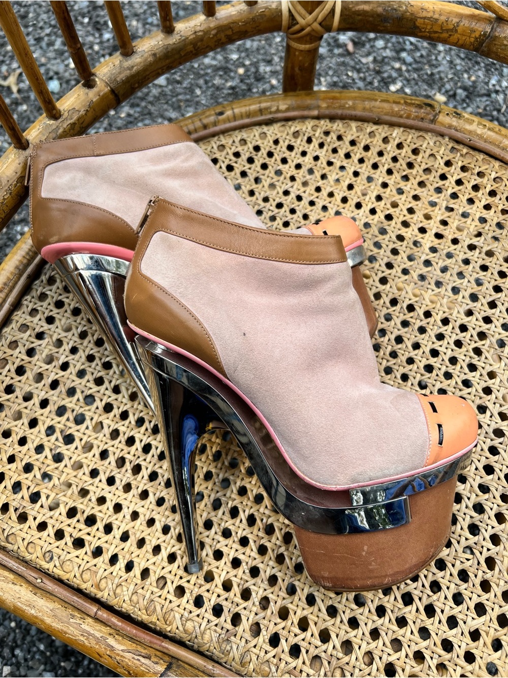 Versace Pink Suede and Tan Leather Platform Peep-Toe Booties with Silver Heel